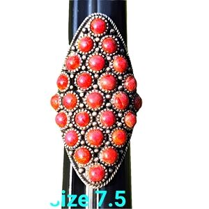 Huge chunky sterling silver red coral ring size 7.5 boho Southwestern